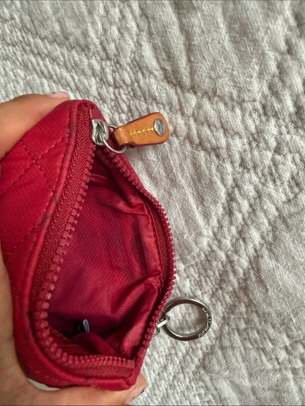 Mz Wallace Flat Metro Key Pouch Quilted Zip Card Case in Red Silver Accents